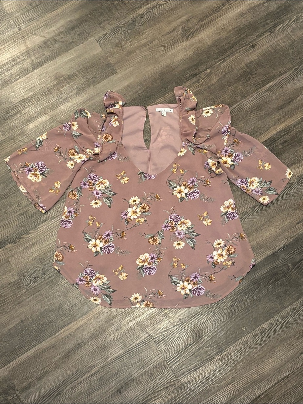 Haute Monde Dusty Mauve Floral Ruffle Sleeve Blouse